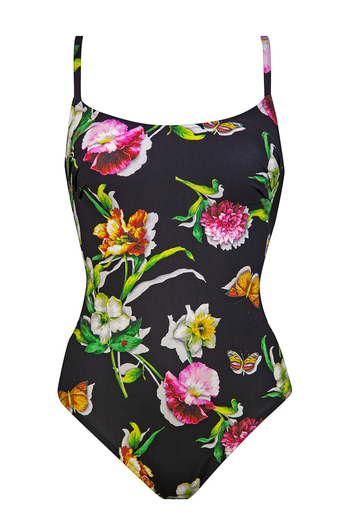Siciliana Ballerina One Piece. Flattering One Piece swimsuit. Low back. Model comes in two cup sizes.